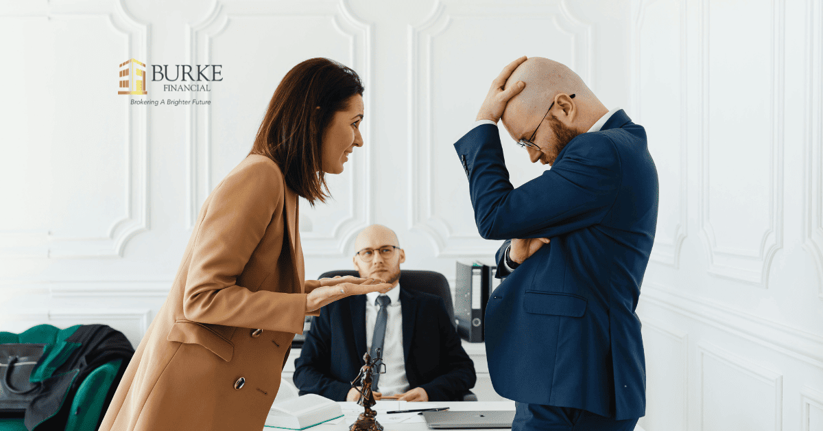 Frustrated Ontario homebuyer consulting a mortgage broker after being denied by the bank