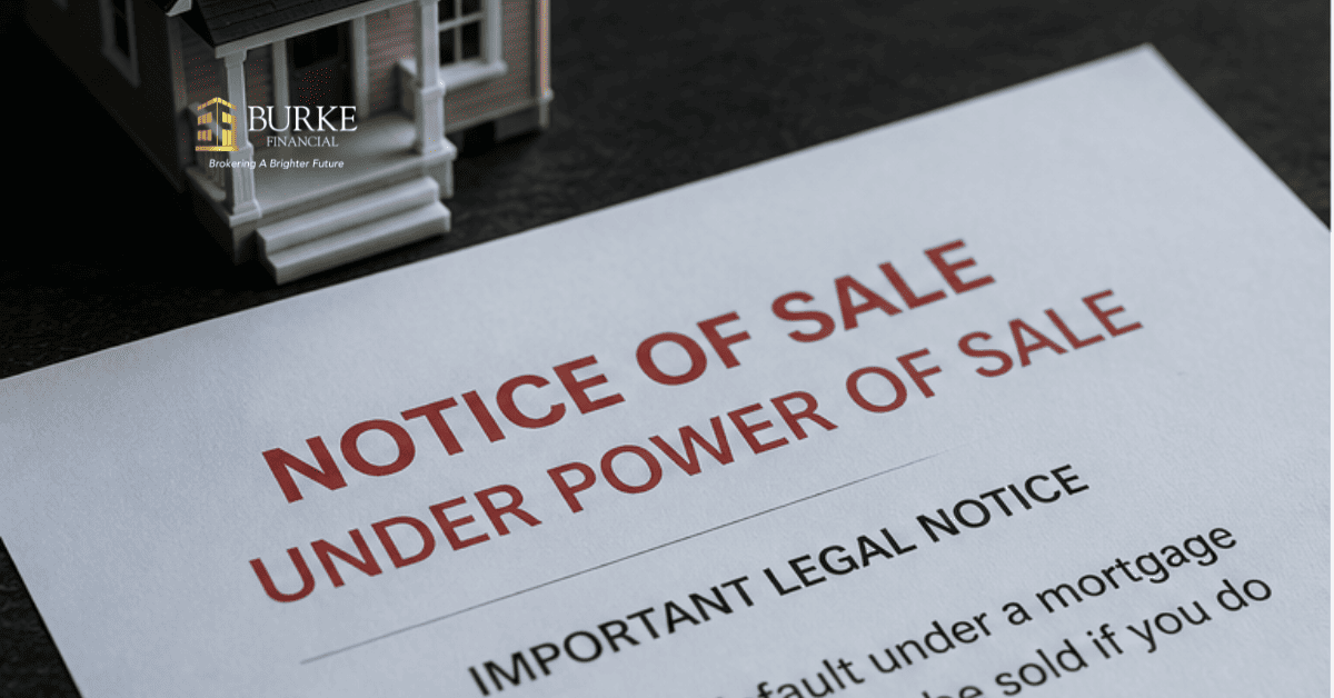 Close-up of a Notice of Sale document beside a model house, representing mortgage default and power of sale proceedings in Ontario.