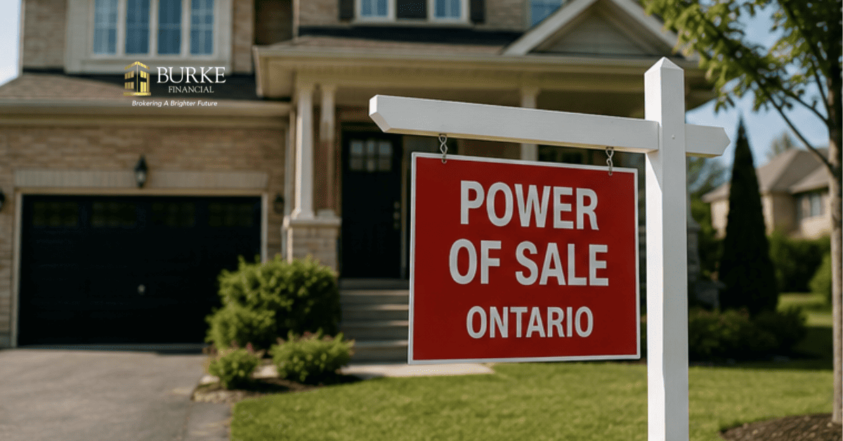 Residential home with a Power of Sale sign on the front lawn, illustrating a property facing power of sale in Ontario.