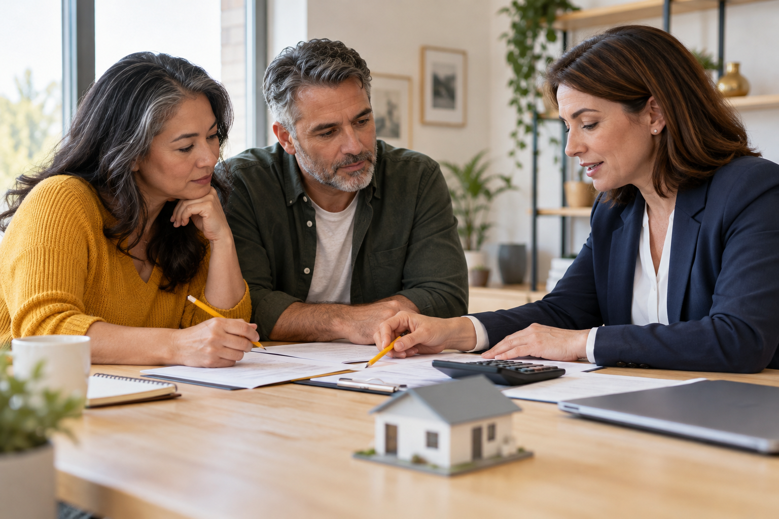 Couple reviewing housing costs and paperwork with a mortgage adviser.