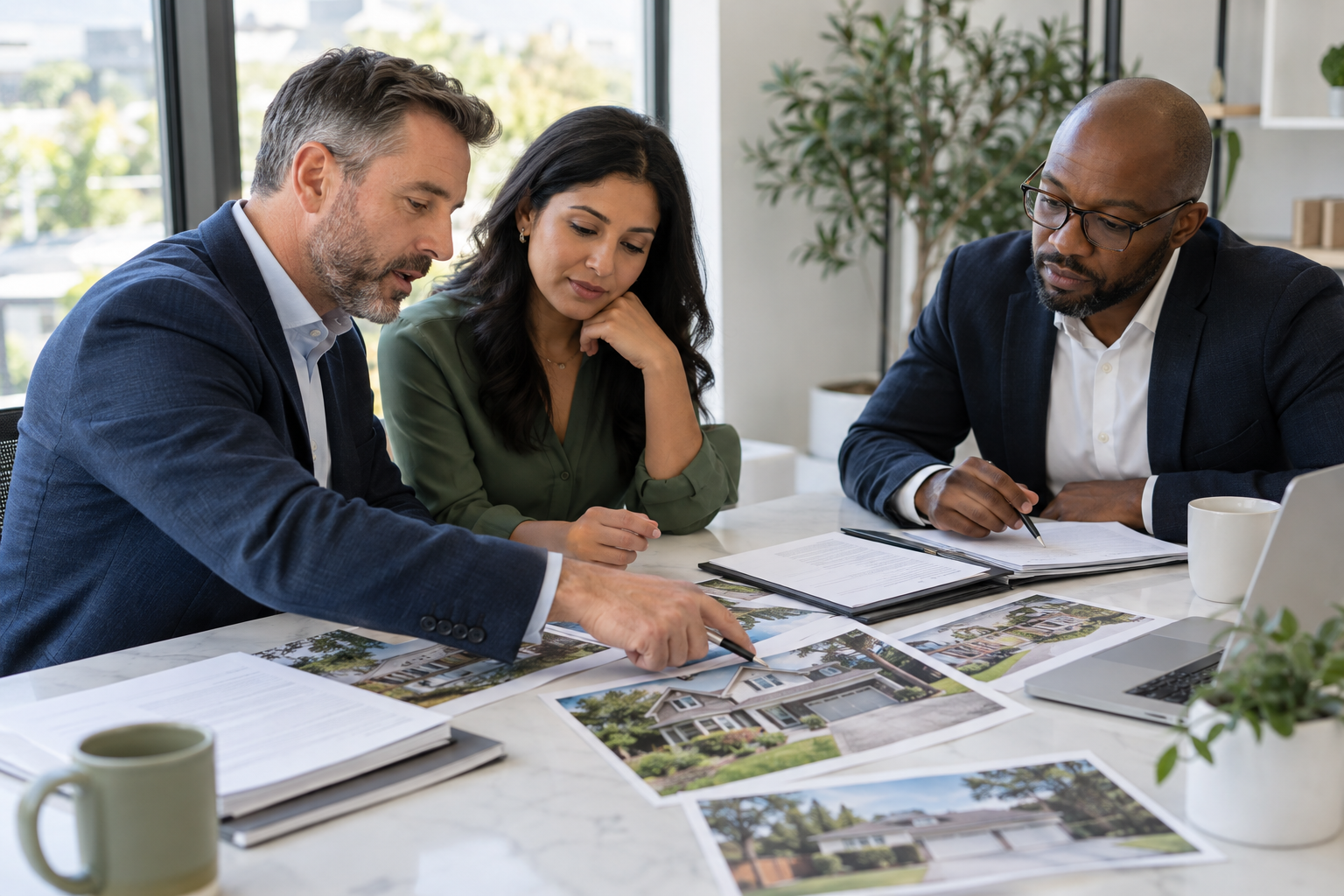 Three professionals reviewing residential property photographs and mortgage documents.
